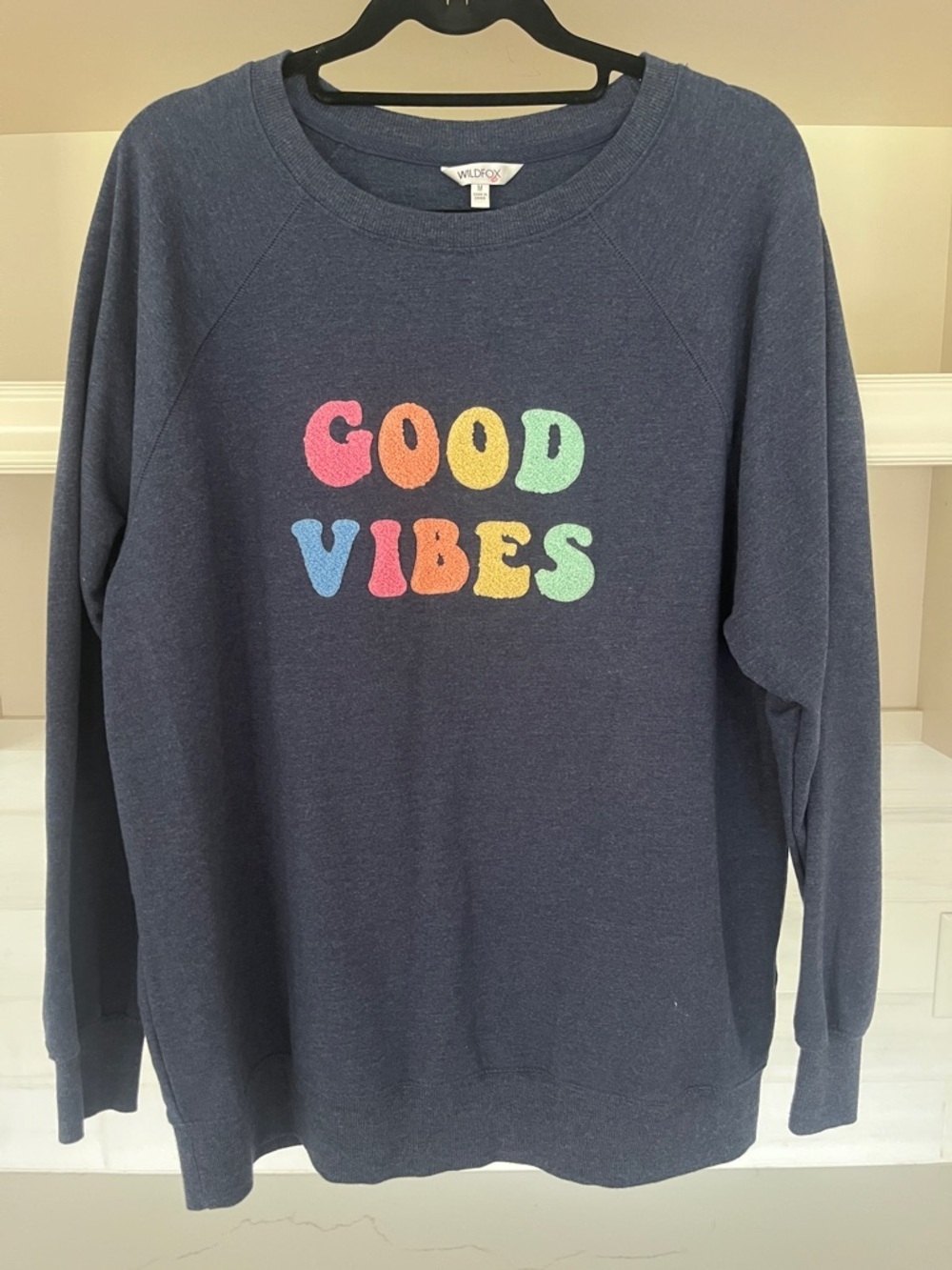 Wildfox Good Vibes Oversized Sweatshirt Navy Blue Fuzzy Letters Size Medium - Picture 4 of 7